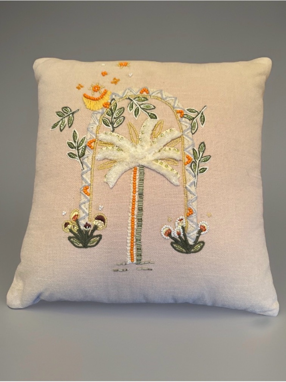 World Market Embroidered Beaded Pillow 13x12 Palm Tree Boho Tropical Accent
